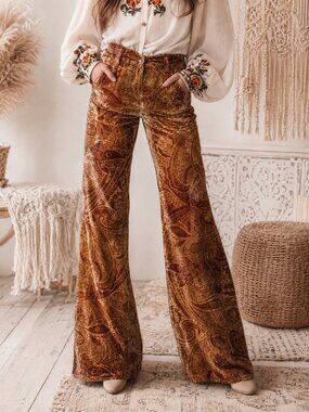 Brown Boho Women's Velvet Flare Leg Pants